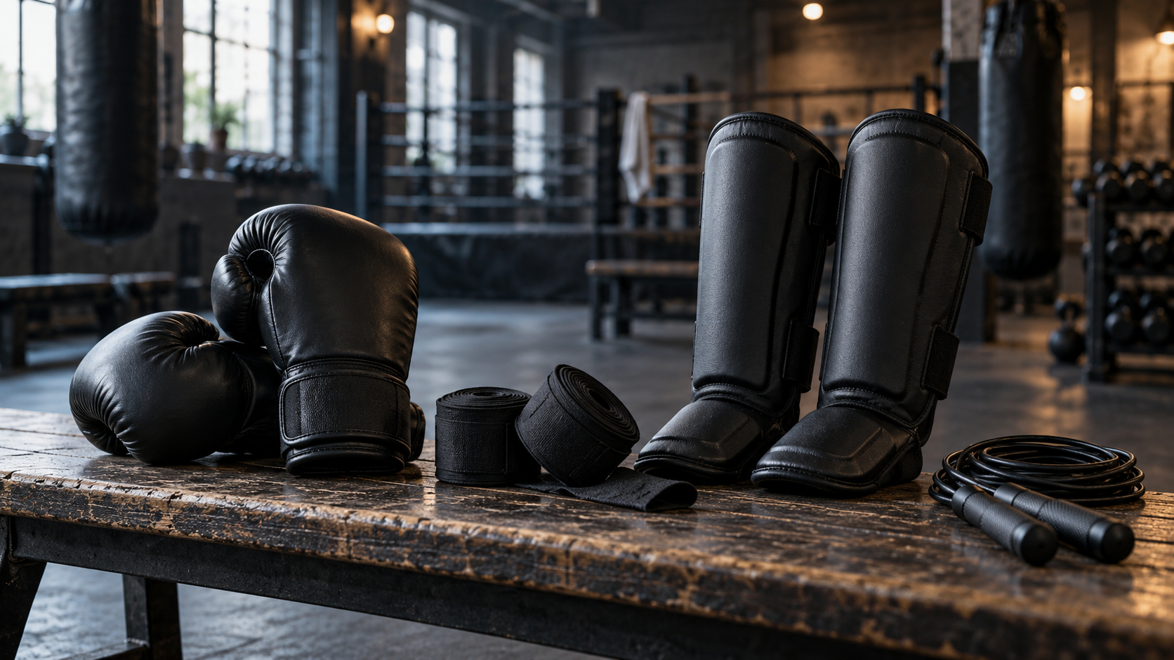 Boxing gloves, hand wraps, shin guards and a skipping rope laid out on a bench in a combat sports gym